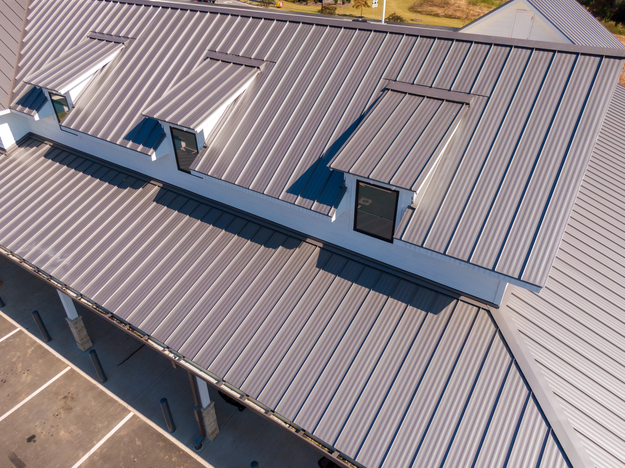 Aerial view of a completed standing seam metal roof installed near Dayton, Ohio