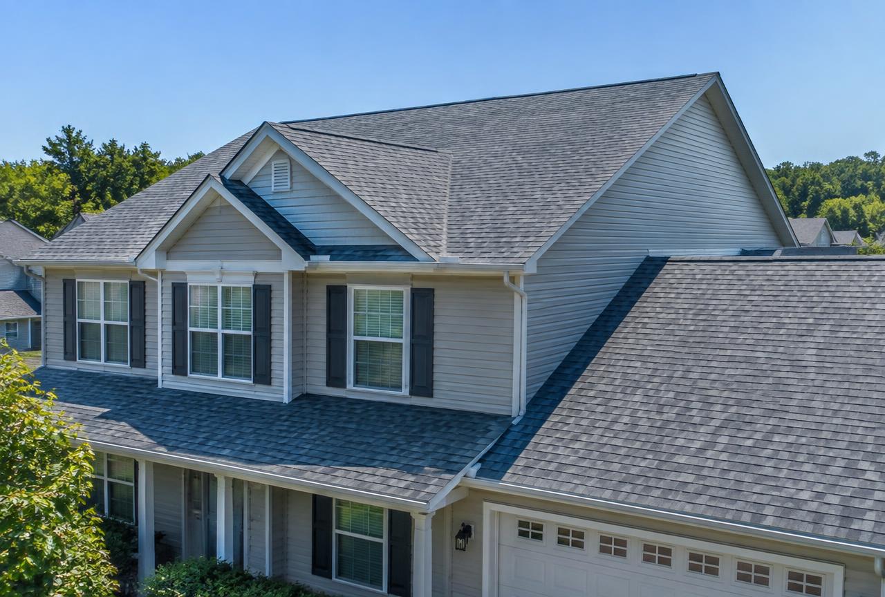 Newly installed architectural shingle roof on a two-story Dayton-area home
