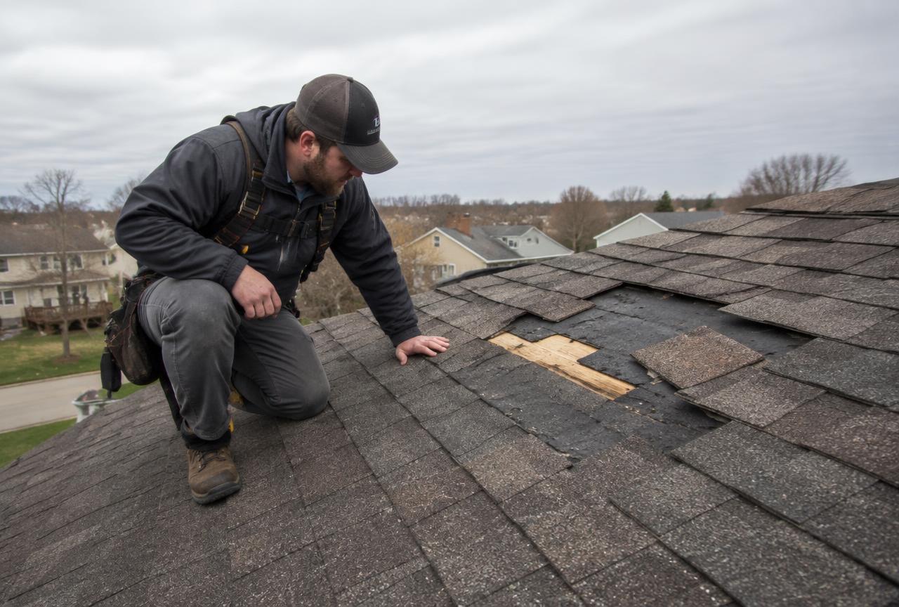Roofer inspecting missing and damaged shingles on a Dayton, Ohio home